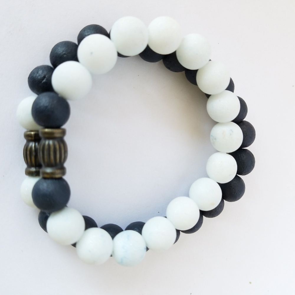 Hand Crafted Couple's Navy White Stone Beaded Bracelets Lava Stretch - Picture 2 of 10
